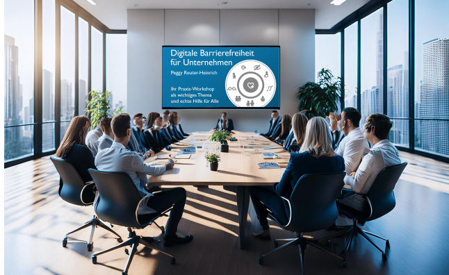 Eine Gruppe von Geschäftsleuten an einem langen Konferenztisch in einem modernen Besprechungsraum mit großen Fensterfronten. Auf einem Bildschirm steht „Digitale Barrierefreiheit für Unternehmen“ sowie der Name „Peggy Reuter-Heinrich“. Die Szene vermittelt eine Schulung oder Präsentation zum Thema digitale Barrierefreiheit in Unternehmen.