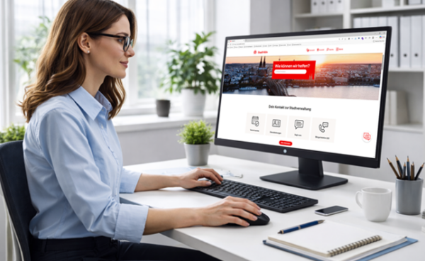 Frau mit Brille sitzt an einem Schreibtisch und schaut sich die Städte Webseite von Köln an