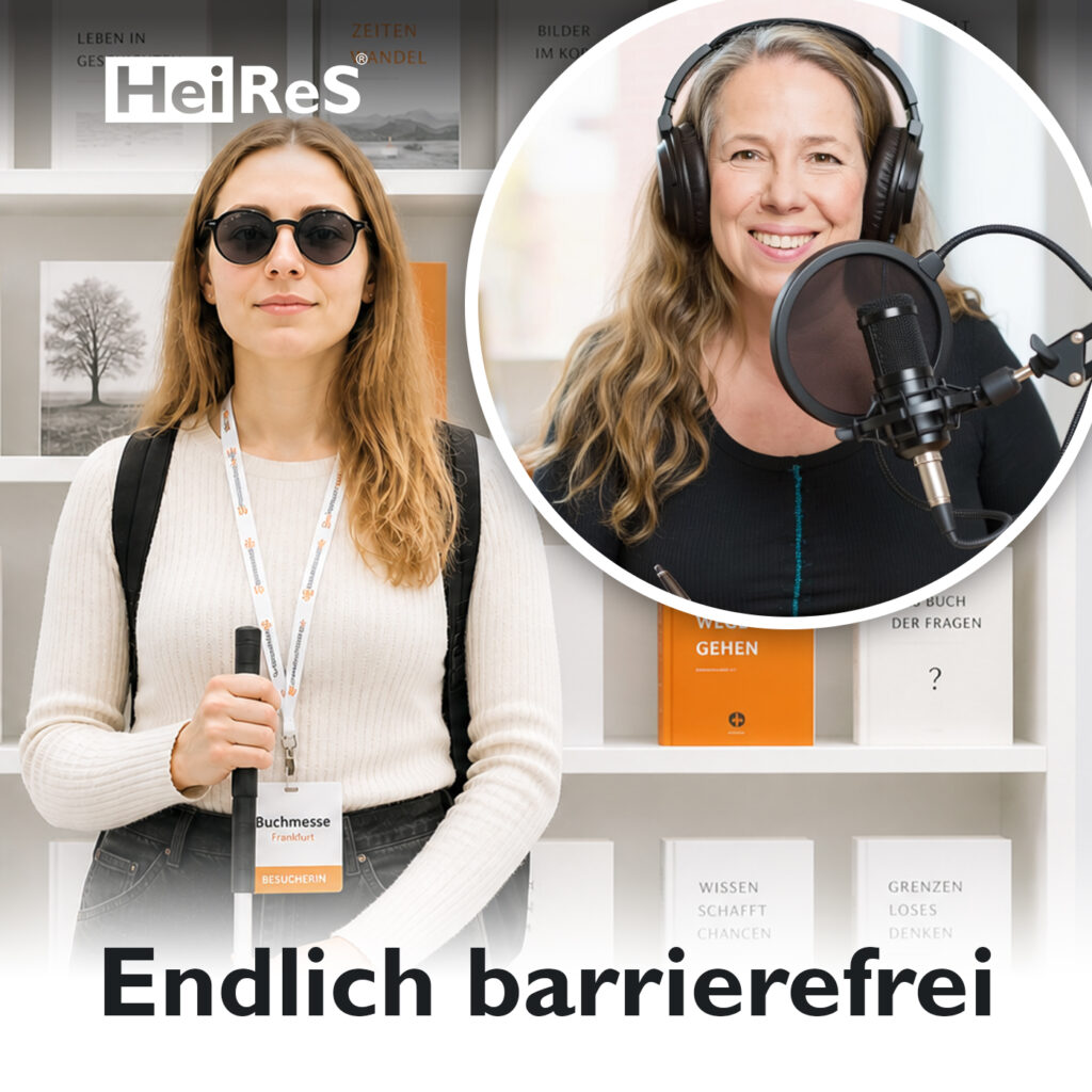 Blinde Frau mit Sonnenbrille und Blindenstock steht vor Bücherregal auf der Buchmesse Frankfurt, trägt Besucherausweis und blickt ruhig nach vorn.