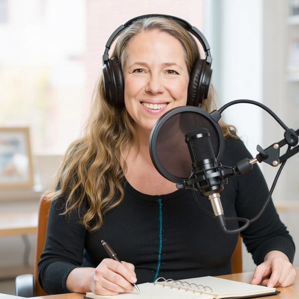 Peggy Reuter-Heinrich bei der Aufnahme ihres Podcasts, sie lacht freundlich in die Kamera