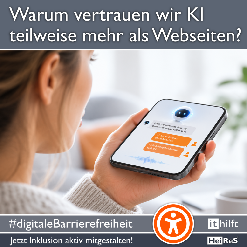 Frau spricht mit einer KI und vertraut ihr wichtige persönlich Daten an
