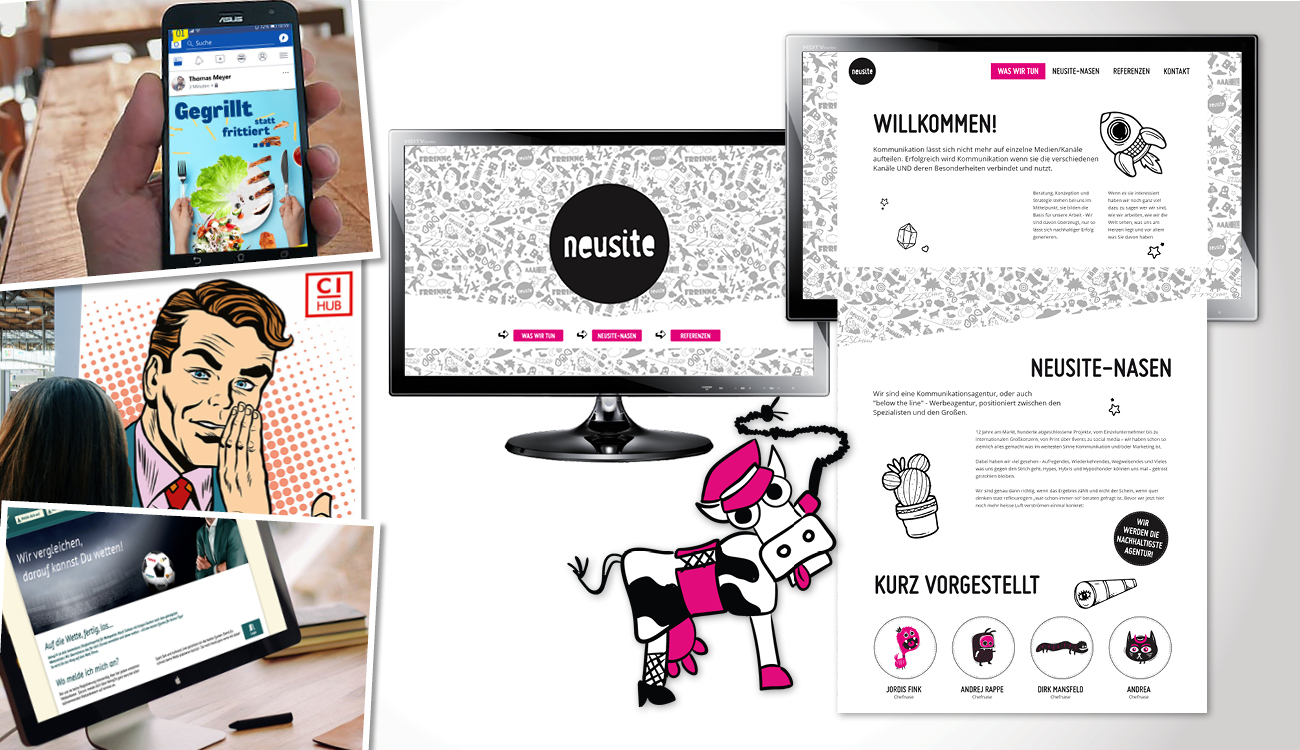 Arrangement aus Bildern zur Branche Werbeagentur: Nahaufnahme Smartphone mit Social Media Kampagne; Monitor mit Ansicht einer Webseite; Plakat in Zeichentrickoptik; drei Ansichten der Webseite von neusite;