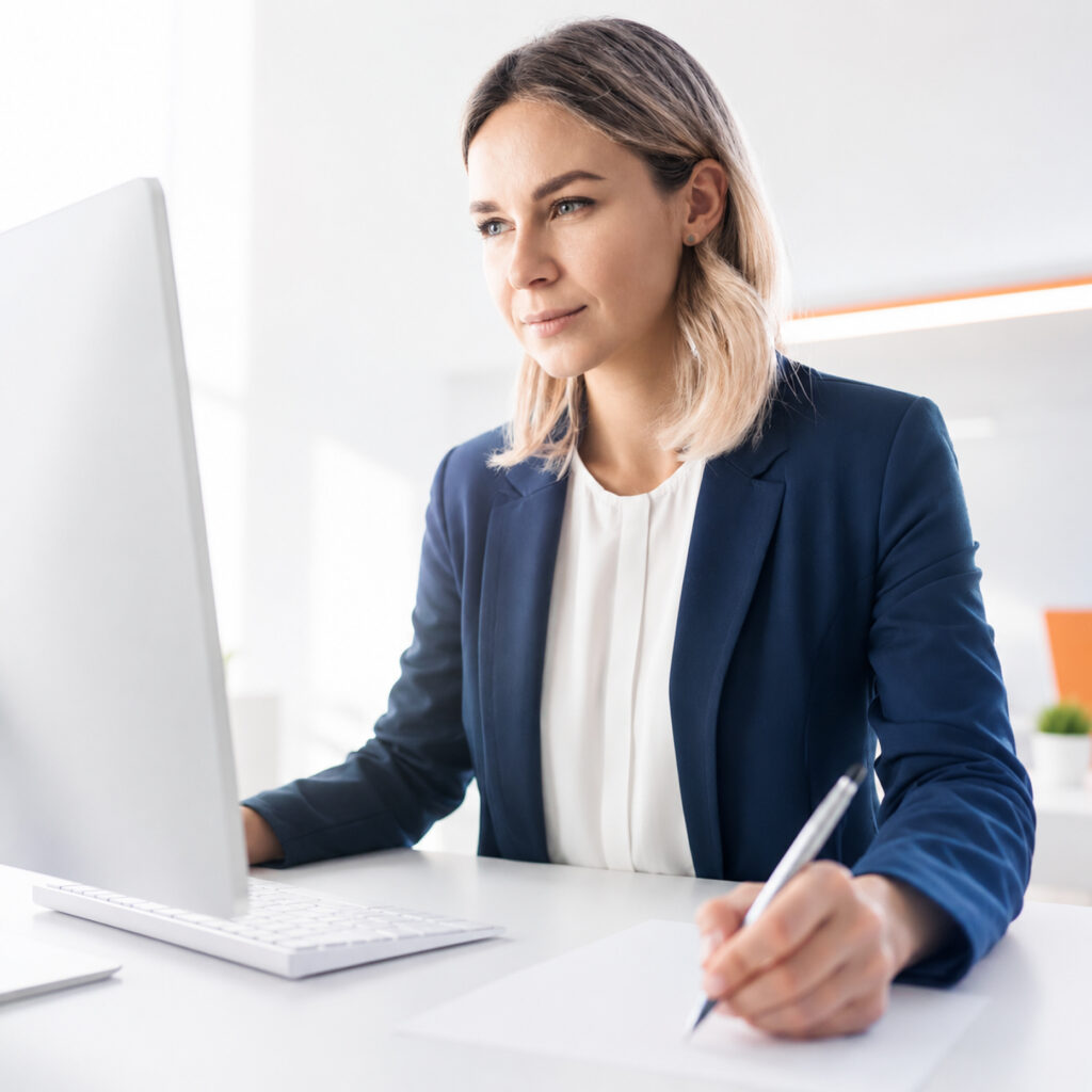 Frau führt eine BITV Audit an einem Desktop PC durch