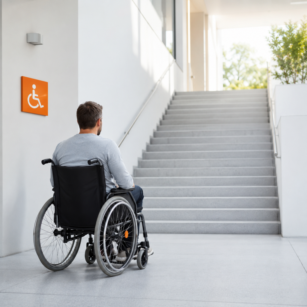 Rollstuhlfahrer steht vor einer Treppe. Erstellt durch KI und Mensch.