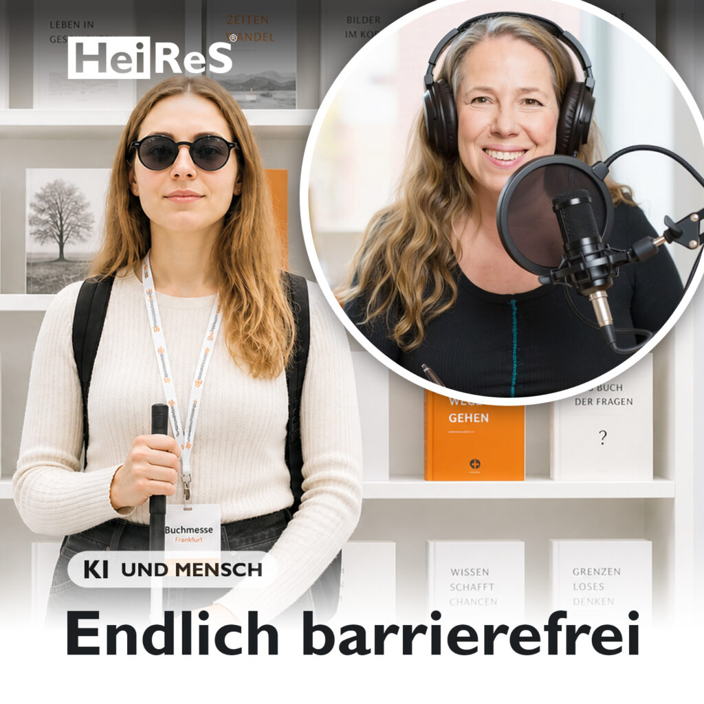 Blinde Frau mit Sonnenbrille und Blindenstock steht vor Bücherregal auf der Buchmesse Frankfurt, trägt Besucherausweis und blickt ruhig nach vorn. Erstellt durch KI und Mensch.