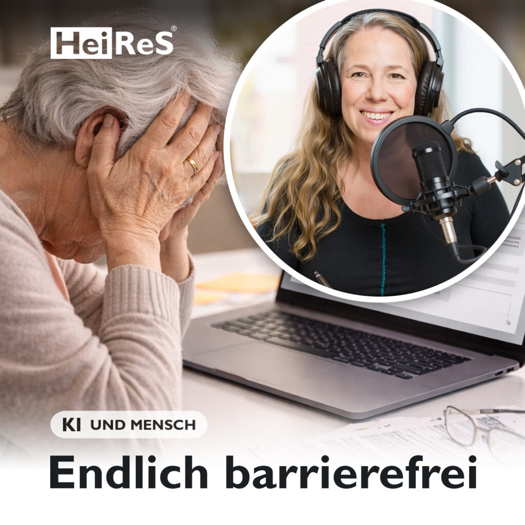 Älterere Frau sitzt verzweifelt vor einem Online Formular. Erstellt durch KI und Mensch.
