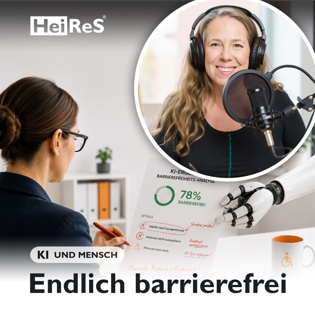 Einer Expertin für barrierefreiheit wird ein Prüfbericht von einer Roboterhand überreicht die Person prüft diesen Bericht. Erstellt durch KI und Mensch.