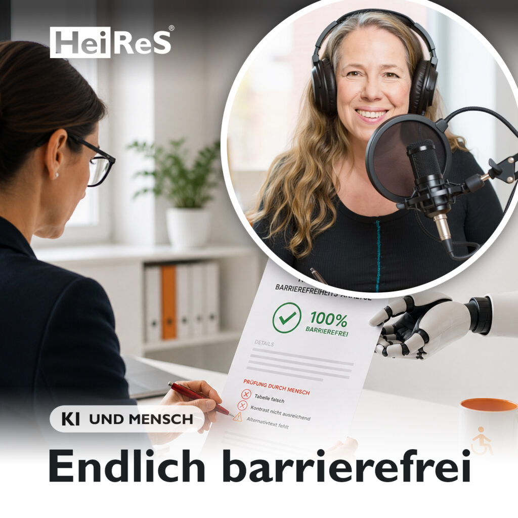 Einer Expertin für barrierefreiheit wird ein Prüfbericht von einer Roboterhand überreicht die Person prüft diesen Bericht. Erstellt durch KI und Mensch.