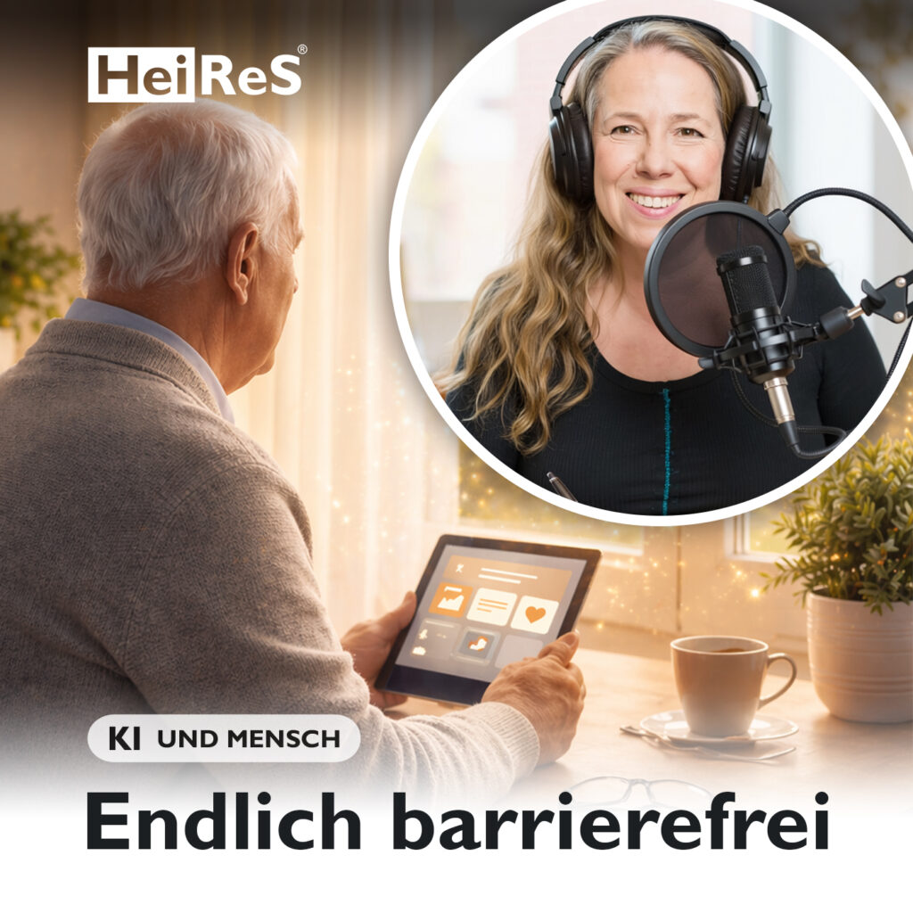 Älterer Mann sitzt am Fenste und hält ein Tablet in den Händen. Erstellt durch KI und Mensch.