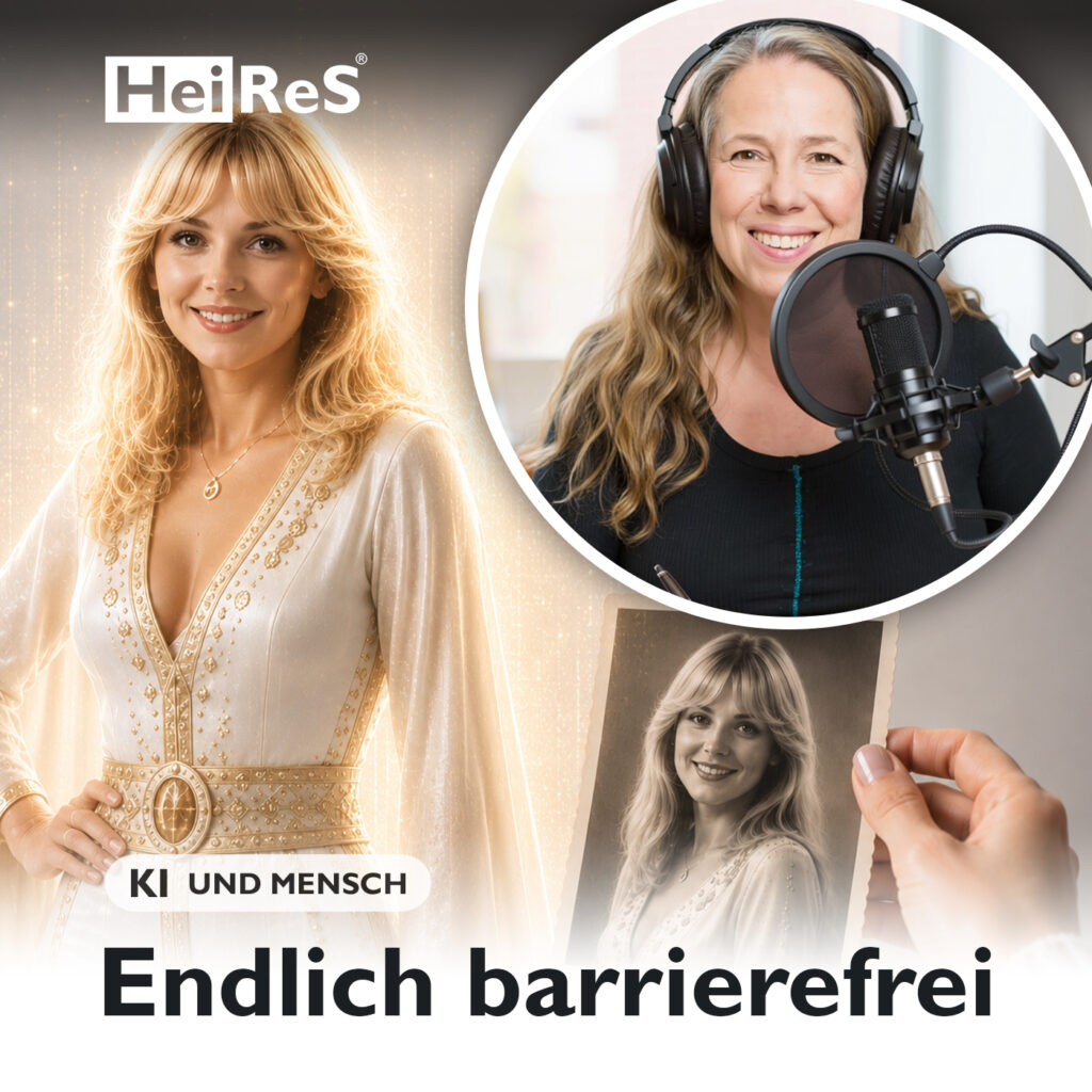 Eine Hand hält ein altes Foto einer jungen Frau, aus dem eine leuchtende digitale Version der Frau entsteht.