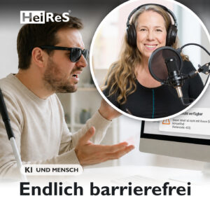 Blinder Mann vor Computer wirkt frustriert, da eine Website eine Fehlermeldung zeigt und nicht mit seinem Screenreader kompatibel ist. Erstellt durch KI und Mensch.