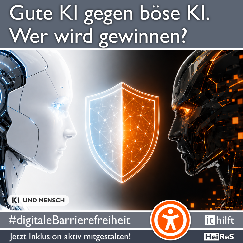 Zwei gegensätzliche KIs stehen sich mit einem leuchtenden Schutzschild gegenüber. Die eine für steht für „gute“, die andere für „böse“ KI.