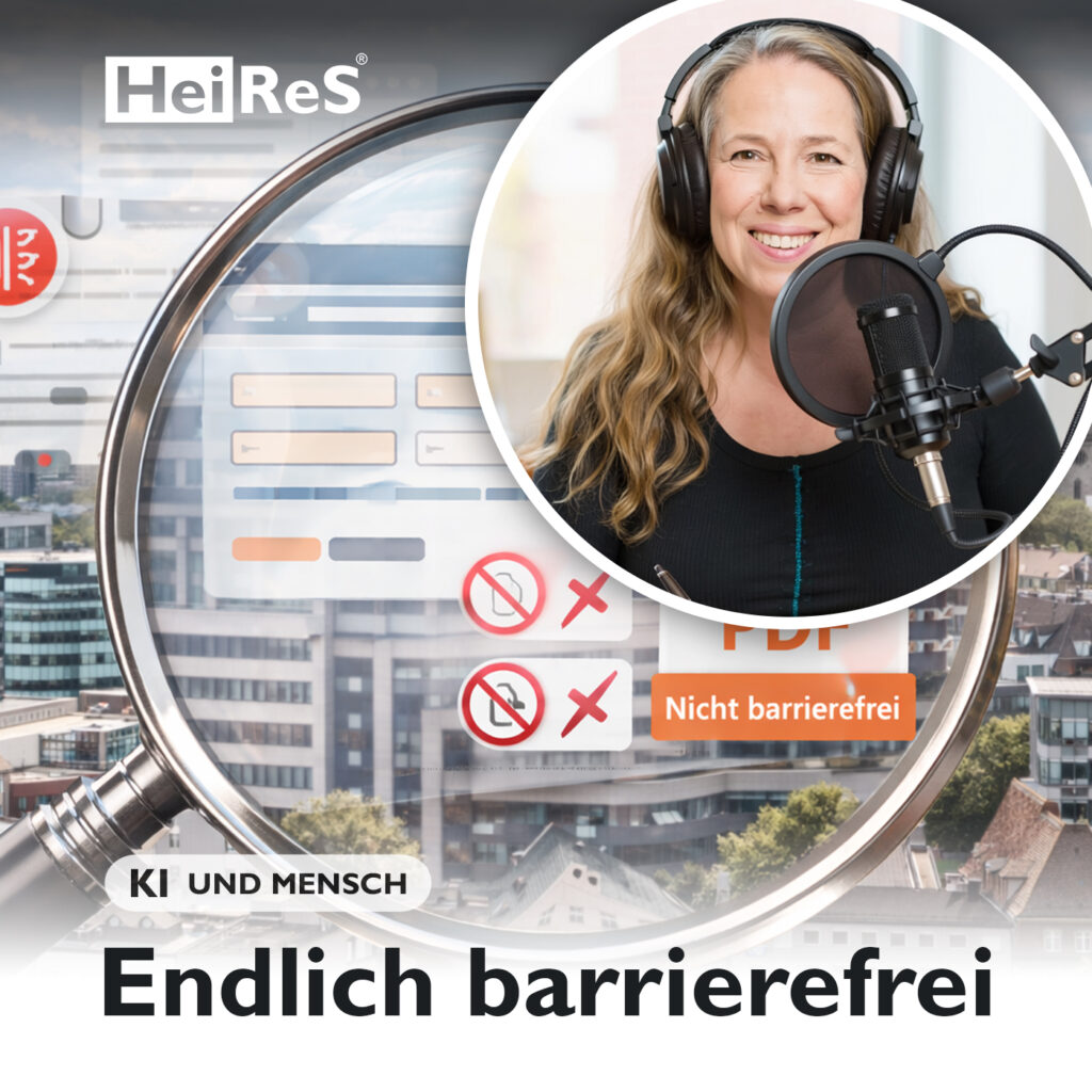 Städteansicht mit einer Lupe davor welche auf digitale Produkte schaut. Erstellt durch KI und Mensch.