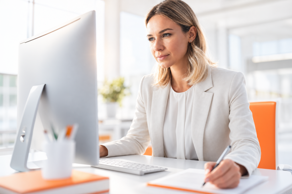 Frau führt eine BITV Audit an einem Desktop PC durch. Erstellt durch KI und Mensch.
