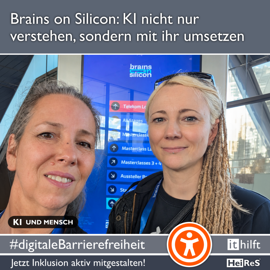 Peggy und Thea von HeiReS auf der Brains-on-Silicon-KI-Konferenz in Dresden vor einer digitalen Veranstaltungstafel.