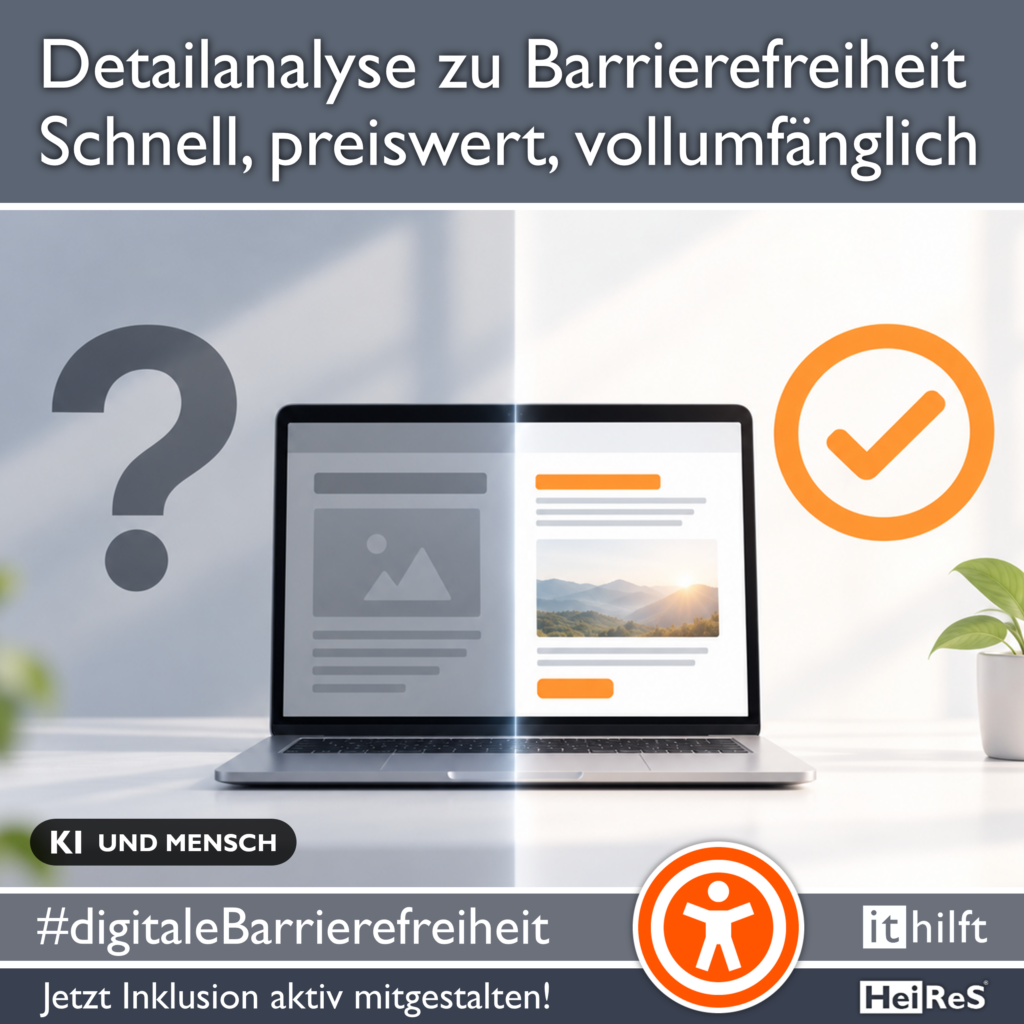 Schnelle Webseitenprüfung auf Barrierefreiheit: Laptop mit Fragezeichen links und Häkchen rechts. Erstellt mit Hilfe von Mensch und KI. „#digitaleBarrierefreiheit“ und „Jetzt Inklusion aktiv mitgestalten!