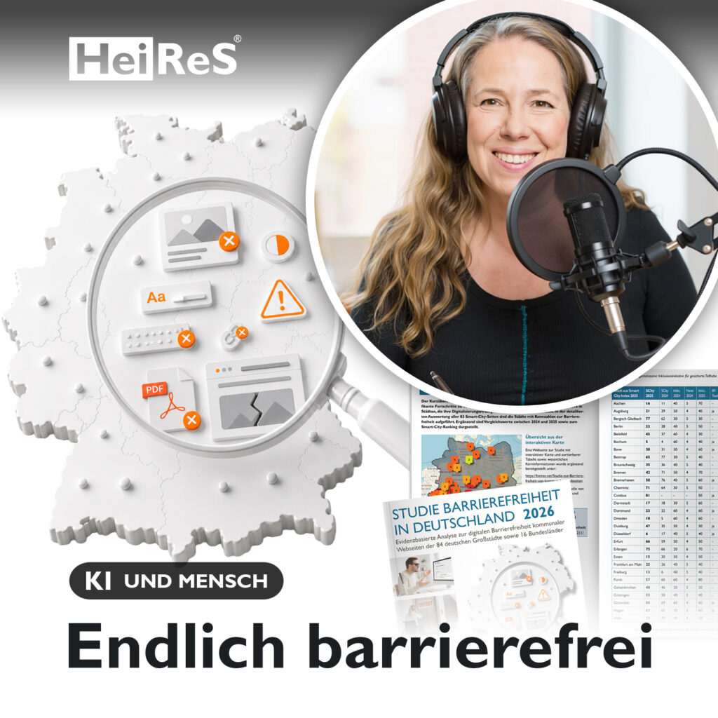 Studie zur digitalen Barrierefreiheit deutscher Städet und eine stilisierte Deutschlandkarte mit Lupe.
