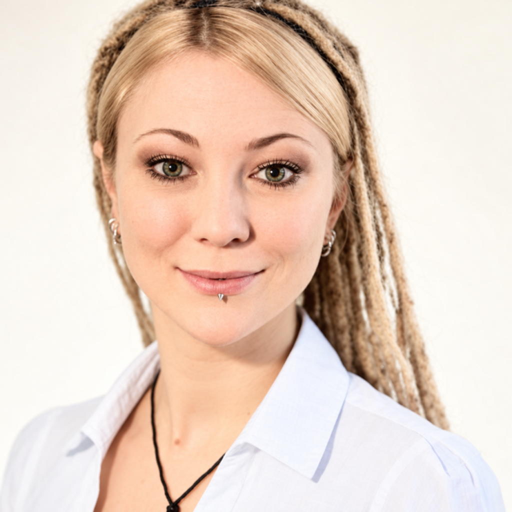 Businessporträt von freundlich lächelnder Frau mit blonden Dreadlocks