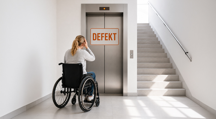 Rollstuhlfahrerin steht vor einem defekten Aufzug und einer Treppe. Erstellt durch KI und Mensch.